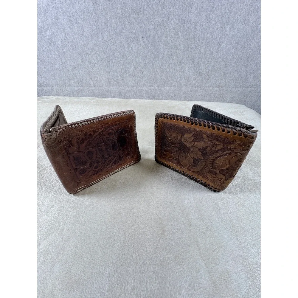 Vintage Hand Tooled Leather Wallet Set Mens Floral Western Bifold Whipstitch 2pc